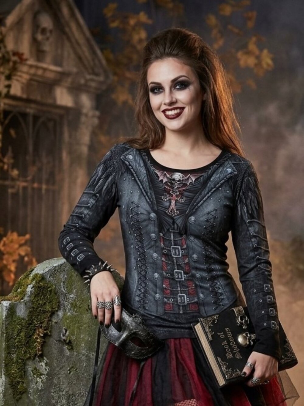 Spiral Direct (UK) Gothic Corset Graphic Bat Skull Long Sleeve Cotton Top Sz S